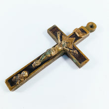 Load image into Gallery viewer, Antique Golgotha Crucifix – Handmade Bronze &amp; Ebony Inlay, Mid-18th Century Religious Cross, Rare Christian Devotional Art