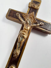 Load image into Gallery viewer, Antique Golgotha Crucifix – Handmade Bronze &amp; Ebony Inlay, Mid-18th Century Religious Cross, Rare Christian Devotional Art