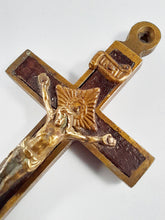 Load image into Gallery viewer, Antique Golgotha Crucifix – Handmade Bronze &amp; Ebony Inlay, Mid-18th Century Religious Cross, Rare Christian Devotional Art