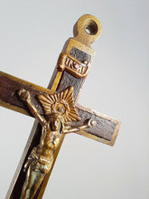 Load image into Gallery viewer, Antique Golgotha Crucifix – Handmade Bronze &amp; Ebony Inlay, Mid-18th Century Religious Cross, Rare Christian Devotional Art