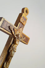 Load image into Gallery viewer, Antique Golgotha Crucifix – Handmade Bronze &amp; Ebony Inlay, Mid-18th Century Religious Cross, Rare Christian Devotional Art