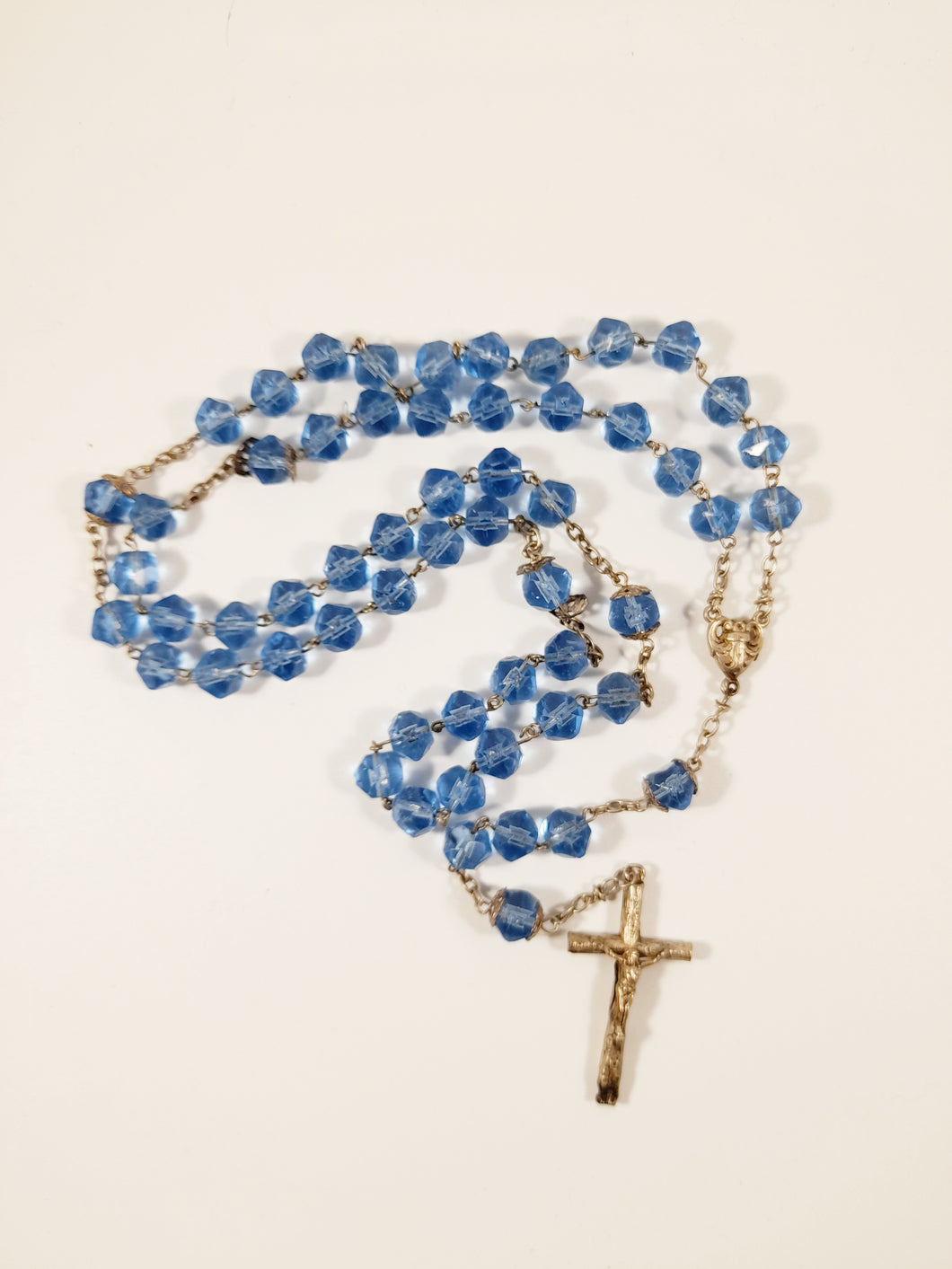 Faith, Hope and Charity Rosary, French, Large Hand Cut Blue Crystal Beads, Puffed Silver Cross and Link Medal, French Circa 1890