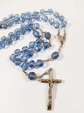 Load image into Gallery viewer, Faith, Hope and Charity Rosary, French, Large Hand Cut Blue Crystal Beads, Puffed Silver Cross and Link Medal, French Circa 1890