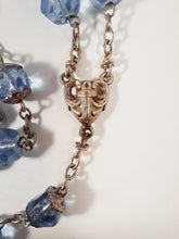 Load image into Gallery viewer, Faith, Hope and Charity Rosary, French, Large Hand Cut Blue Crystal Beads, Puffed Silver Cross and Link Medal, French Circa 1890