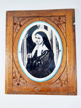 Load image into Gallery viewer, St Bernadette of Lourdes, Enamel Plaque Set Onto Carved Oak Base, Late 19th Century, 15 x 18 x 2 cm, Lovely Condition