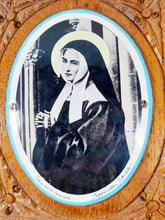 Load image into Gallery viewer, St Bernadette of Lourdes, Enamel Plaque Set Onto Carved Oak Base, Late 19th Century, 15 x 18 x 2 cm, Lovely Condition