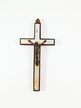 Load image into Gallery viewer, Antique Jerusalem Pilgrimage Cross of Olive Wood inlaid with Stations of The Cross in Mother of Pearl 19th Century