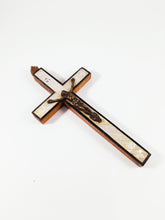 Load image into Gallery viewer, Antique Jerusalem Pilgrimage Cross of Olive Wood inlaid with Stations of The Cross in Mother of Pearl 19th Century