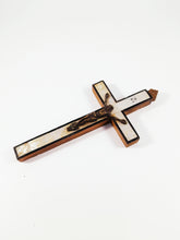 Load image into Gallery viewer, Antique Jerusalem Pilgrimage Cross of Olive Wood inlaid with Stations of The Cross in Mother of Pearl 19th Century