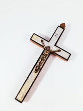 Load image into Gallery viewer, Antique Jerusalem Pilgrimage Cross of Olive Wood inlaid with Stations of The Cross in Mother of Pearl 19th Century