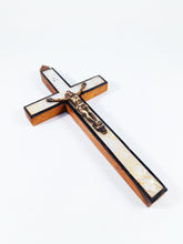 Load image into Gallery viewer, Antique Jerusalem Pilgrimage Cross of Olive Wood inlaid with Stations of The Cross in Mother of Pearl 19th Century