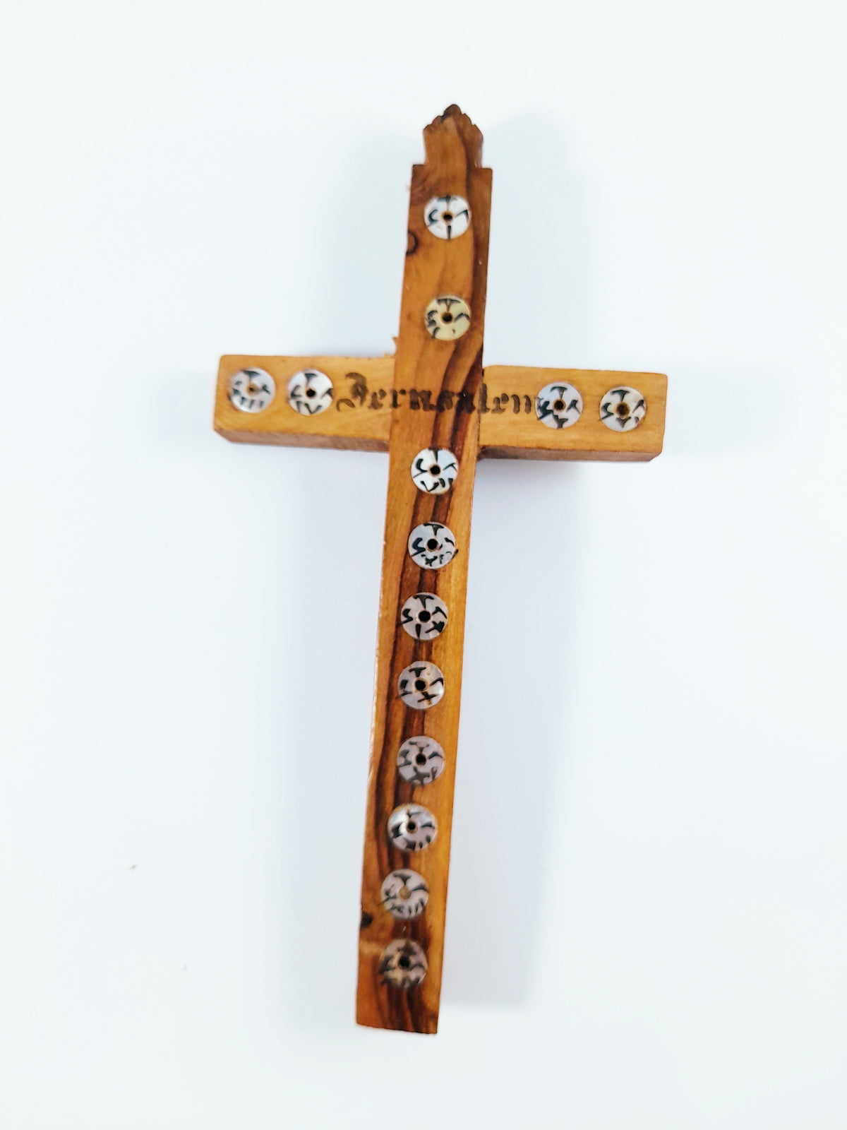 Antico Crocifisso di Gerusalemme in Legno d'Olivo, Intarsio in Madreperla, 14 × 6,5 cm, XIX Secolo