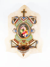 Load image into Gallery viewer, Antique Holy Water Font, Circa 1870, Enamelled Bronze With Painted Porcelain Miniature, Madonna of the Chair after Raphael, Onyx Base