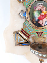 Load image into Gallery viewer, Antique Holy Water Font, Circa 1870, Enamelled Bronze With Painted Porcelain Miniature, Madonna of the Chair after Raphael, Onyx Base