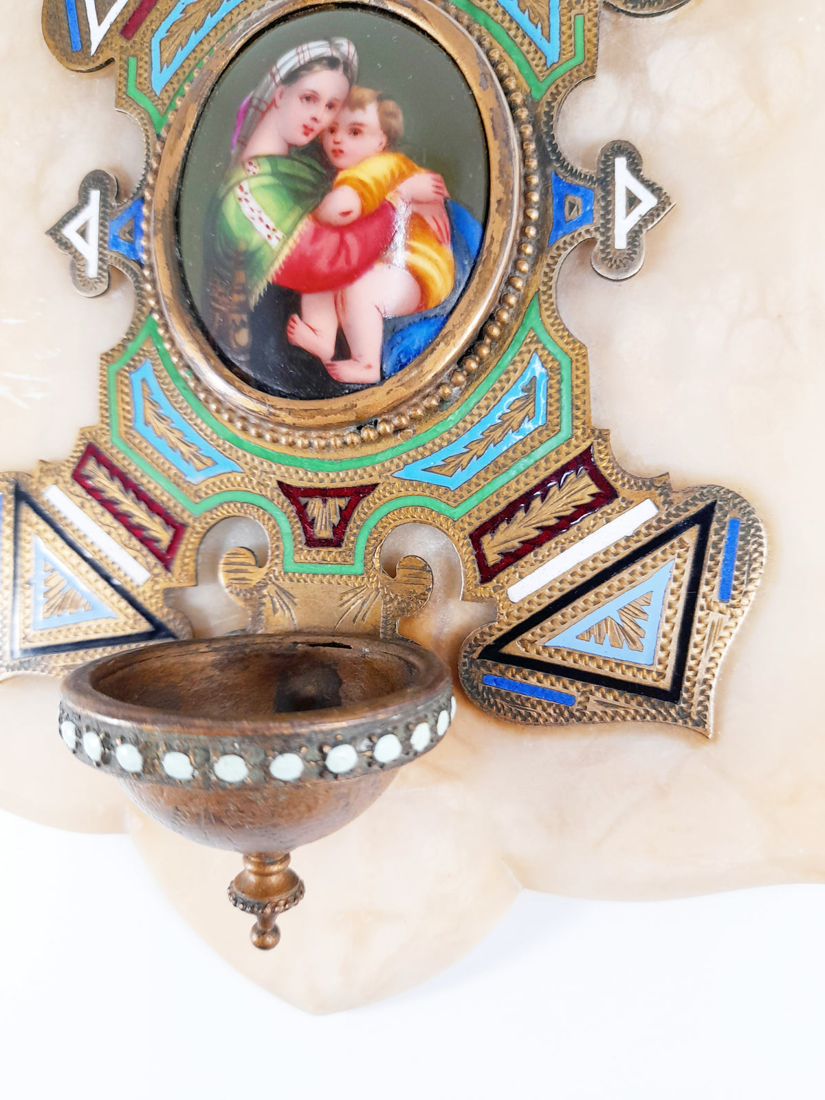Antico acquasantiera in bronzo smaltato, Madonna della Seggiola su Raffaello, onice, c. 1870