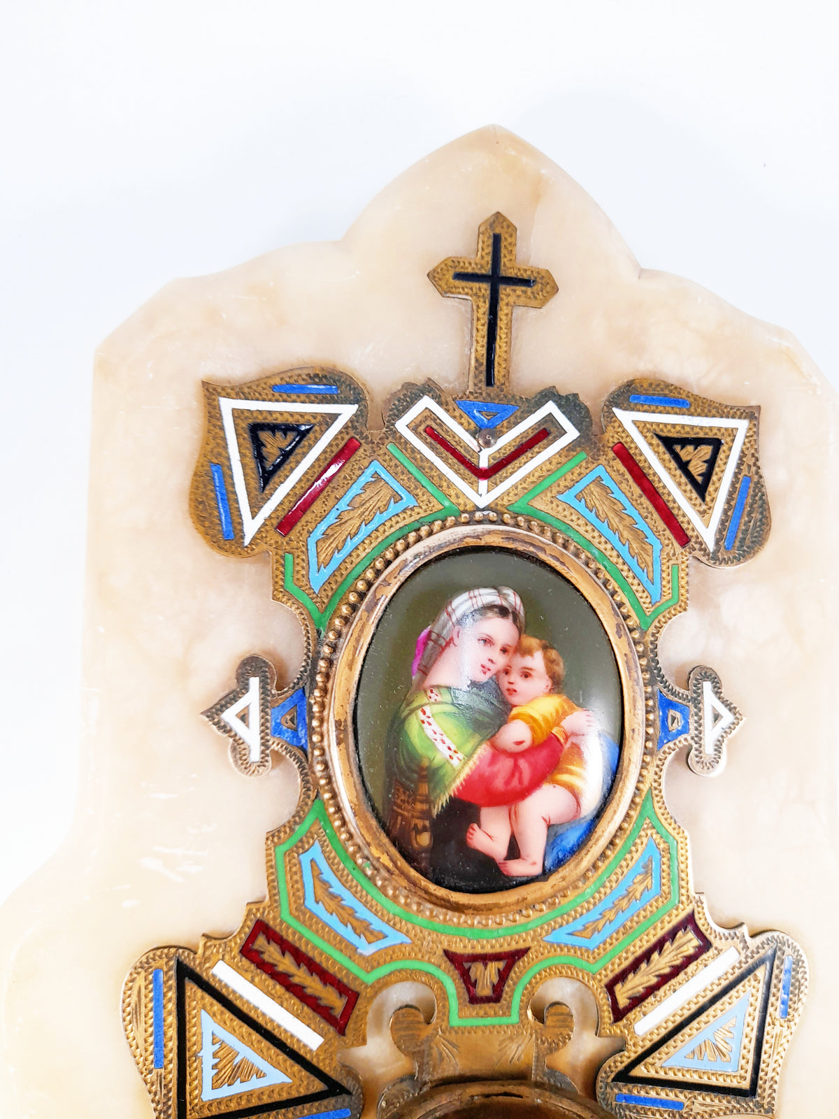 Antico acquasantiera in bronzo smaltato, Madonna della Seggiola su Raffaello, onice, c. 1870