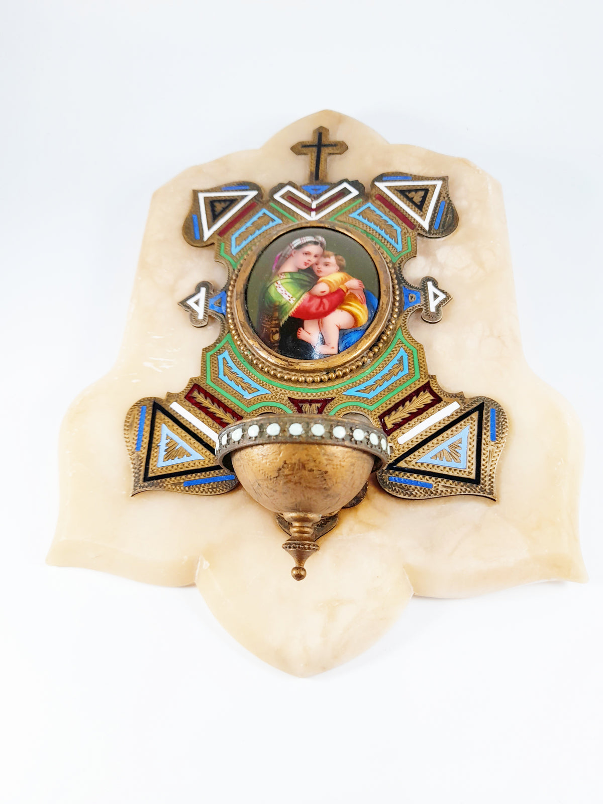 Antico acquasantiera in bronzo smaltato, Madonna della Seggiola su Raffaello, onice, c. 1870