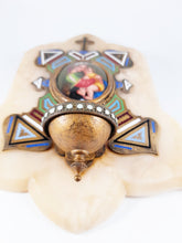 Load image into Gallery viewer, Antique Holy Water Font, Circa 1870, Enamelled Bronze With Painted Porcelain Miniature, Madonna of the Chair after Raphael, Onyx Base