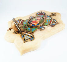 Load image into Gallery viewer, Antique Holy Water Font, Circa 1870, Enamelled Bronze With Painted Porcelain Miniature, Madonna of the Chair after Raphael, Onyx Base