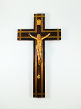 Load image into Gallery viewer, Antique Chapel Cross, France Circa 1890, Gilded Spelter Corpus Christi, Straight Grained Ebony, 25 x 13 centimetres, Our Lady of Lourdes