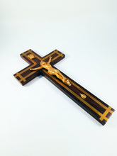 Load image into Gallery viewer, Antique Chapel Cross, France Circa 1890, Gilded Spelter Corpus Christi, Straight Grained Ebony, 25 x 13 centimetres, Our Lady of Lourdes