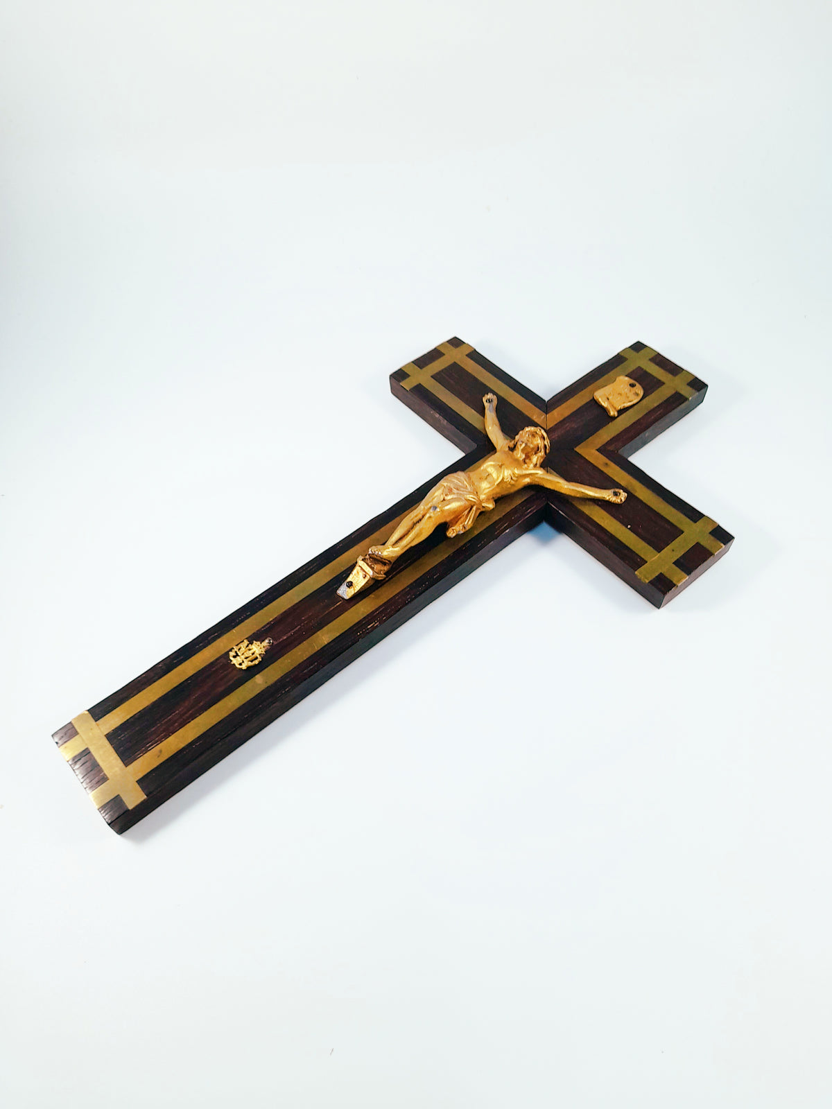Antico crocifisso di Lourdes in ebano con cappella e intarsi in bronzo, 25 × 13 cm, c. 1890