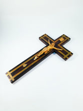 Load image into Gallery viewer, Antique Chapel Cross, France Circa 1890, Gilded Spelter Corpus Christi, Straight Grained Ebony, 25 x 13 centimetres, Our Lady of Lourdes