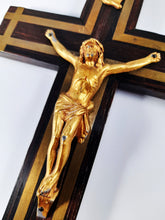 Load image into Gallery viewer, Antique Chapel Cross, France Circa 1890, Gilded Spelter Corpus Christi, Straight Grained Ebony, 25 x 13 centimetres, Our Lady of Lourdes