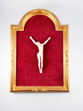 Load image into Gallery viewer, Dieppe Work Crucifix, Travail Dieppoise, Very Fine Bone Carved Corpus Christi 13 x 8 cm Mounted on velvet with Gilded Frame Circa 1830