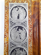 Load image into Gallery viewer, Portable Stations Of The Cross Shrine, Pewter Engravings Set On Tan Leather, Gold Blocked, Beautiful Condition