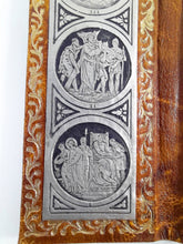 Load image into Gallery viewer, Portable Stations Of The Cross Shrine, Pewter Engravings Set On Tan Leather, Gold Blocked, Beautiful Condition
