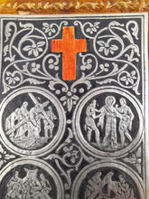 Load image into Gallery viewer, Portable Stations Of The Cross Shrine, Pewter Engravings Set On Tan Leather, Gold Blocked, Beautiful Condition