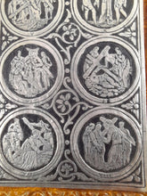 Load image into Gallery viewer, Portable Stations Of The Cross Shrine, Pewter Engravings Set On Tan Leather, Gold Blocked, Beautiful Condition