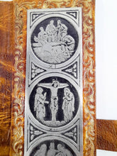 Load image into Gallery viewer, Portable Stations Of The Cross Shrine, Pewter Engravings Set On Tan Leather, Gold Blocked, Beautiful Condition