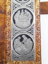 Load image into Gallery viewer, Portable Stations Of The Cross Shrine, Pewter Engravings Set On Tan Leather, Gold Blocked, Beautiful Condition