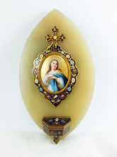 Load image into Gallery viewer, Holy Water Font, 19th Century Cloisonne, With Hand Painted Figure of Christ On Porcelain, set onto pale green onyx.