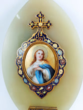 Load image into Gallery viewer, Holy Water Font, 19th Century Cloisonne, With Hand Painted Figure of Christ On Porcelain, set onto pale green onyx.