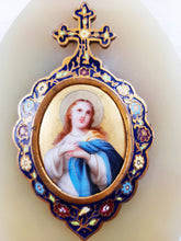 Load image into Gallery viewer, Holy Water Font, 19th Century Cloisonne, With Hand Painted Figure of Christ On Porcelain, set onto pale green onyx.
