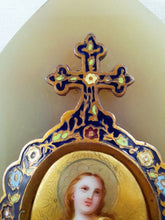 Load image into Gallery viewer, Holy Water Font, 19th Century Cloisonne, With Hand Painted Figure of Christ On Porcelain, set onto pale green onyx.