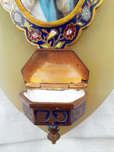 Load image into Gallery viewer, Holy Water Font, 19th Century Cloisonne, With Hand Painted Figure of Christ On Porcelain, set onto pale green onyx.