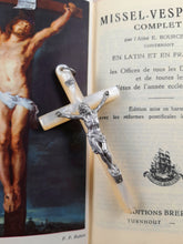 Load image into Gallery viewer, Antique Mother Of Pearl and Solid Silver Corpus Christi, Art Nouveau Pendant Cross, 8.5 x 4.5 cm, French circa 1870