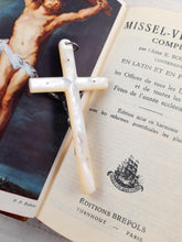 Load image into Gallery viewer, Antique Mother Of Pearl and Solid Silver Corpus Christi, Art Nouveau Pendant Cross, 8.5 x 4.5 cm, French circa 1870