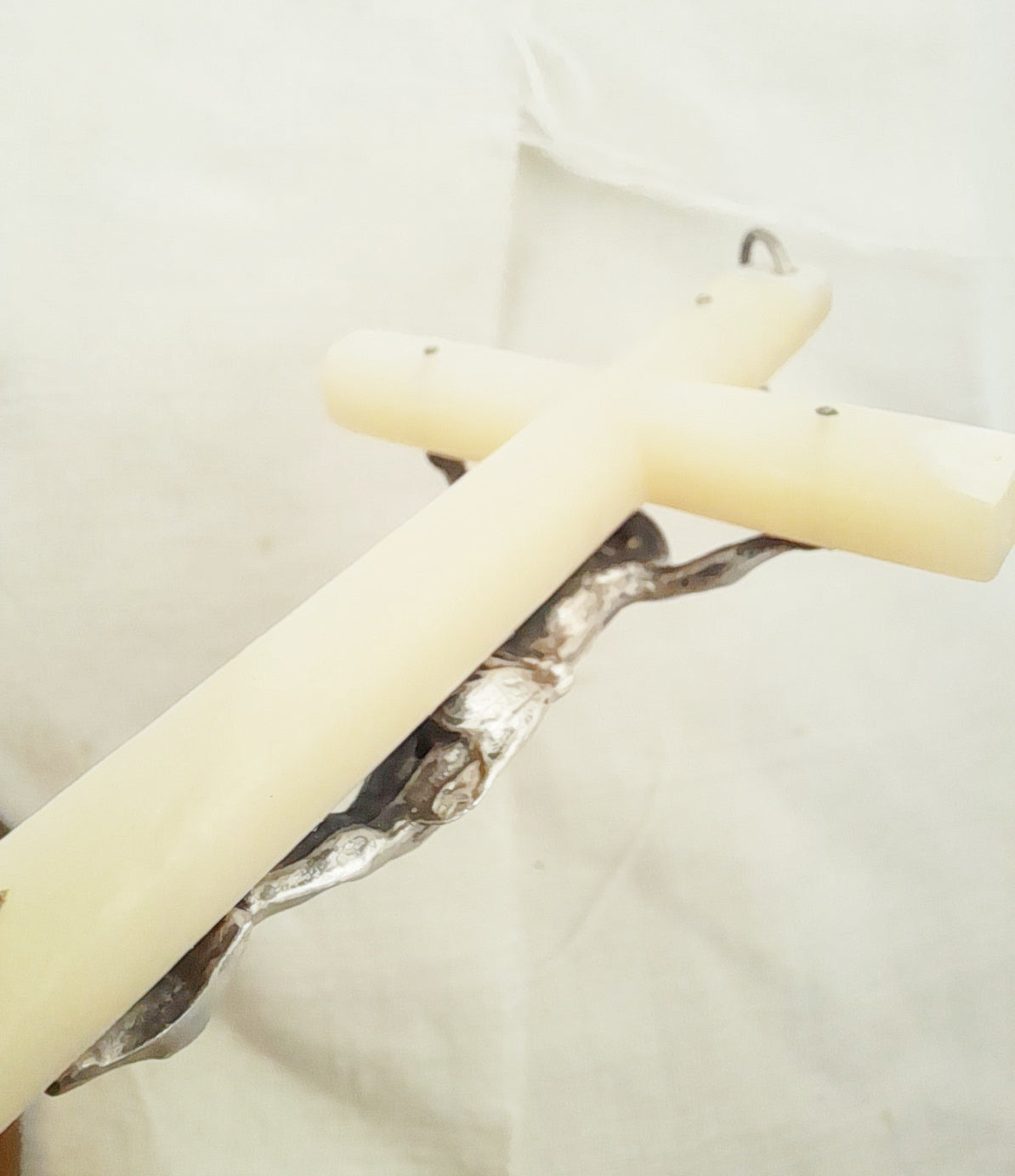 Antique French Mother-of-Pearl Cross with Solid Silver Christ Figure, 8.5 × 4.5 cm, c. 1870