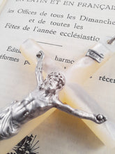 Load image into Gallery viewer, Antique Mother Of Pearl and Solid Silver Corpus Christi, Art Nouveau Pendant Cross, 8.5 x 4.5 cm, French circa 1870