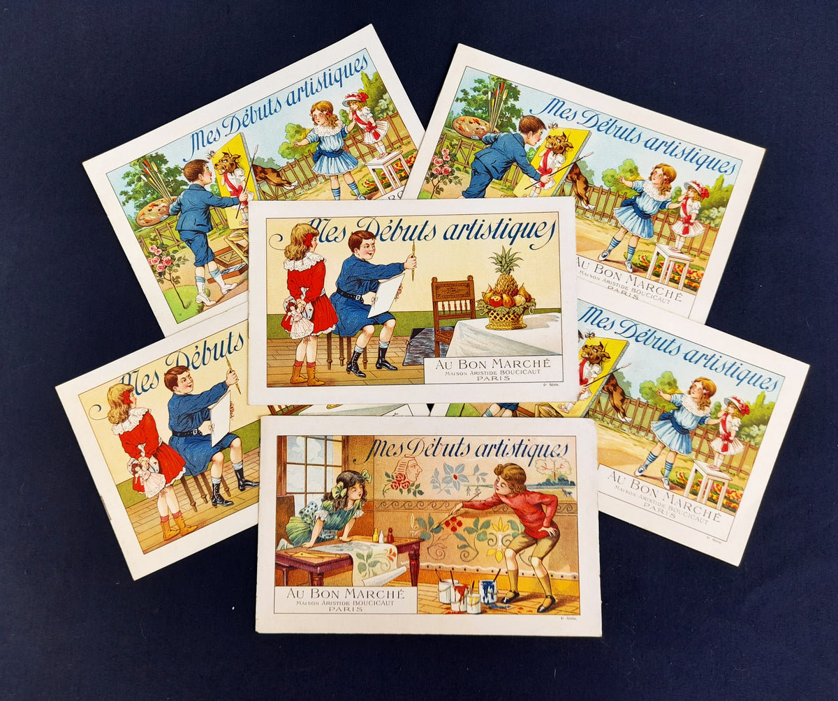 Cartolina cromolitografica promozionale francese intitolata "Mes Débuts artistiques" 6 libretti in condizioni eccellenti, molto rara