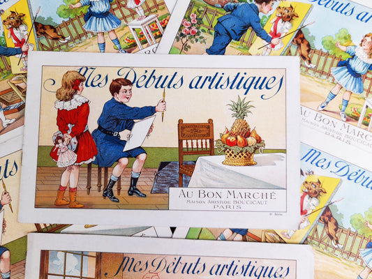 French promotional chromolithograph postcard titled "Mes Débuts artistiques" 6 Booklets in Excellent Condition, Very Rare