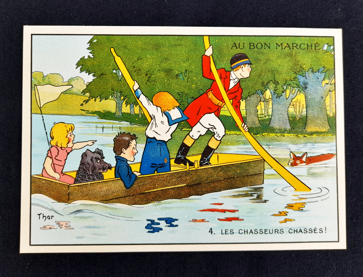 Karty reklamowe Le Bon Marché „Polowanie” autorstwa Waltera Thora, zestaw 6 sztuk z koszulką, ok. 1900 r.