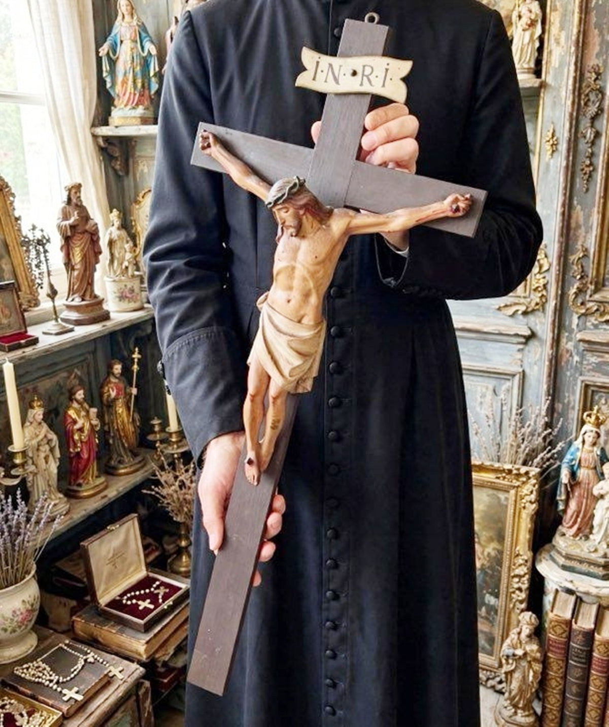 Antique French Church Crucifix, Hand-Carved & Polychromed Christ, 77 × 31 cm, c. 1860