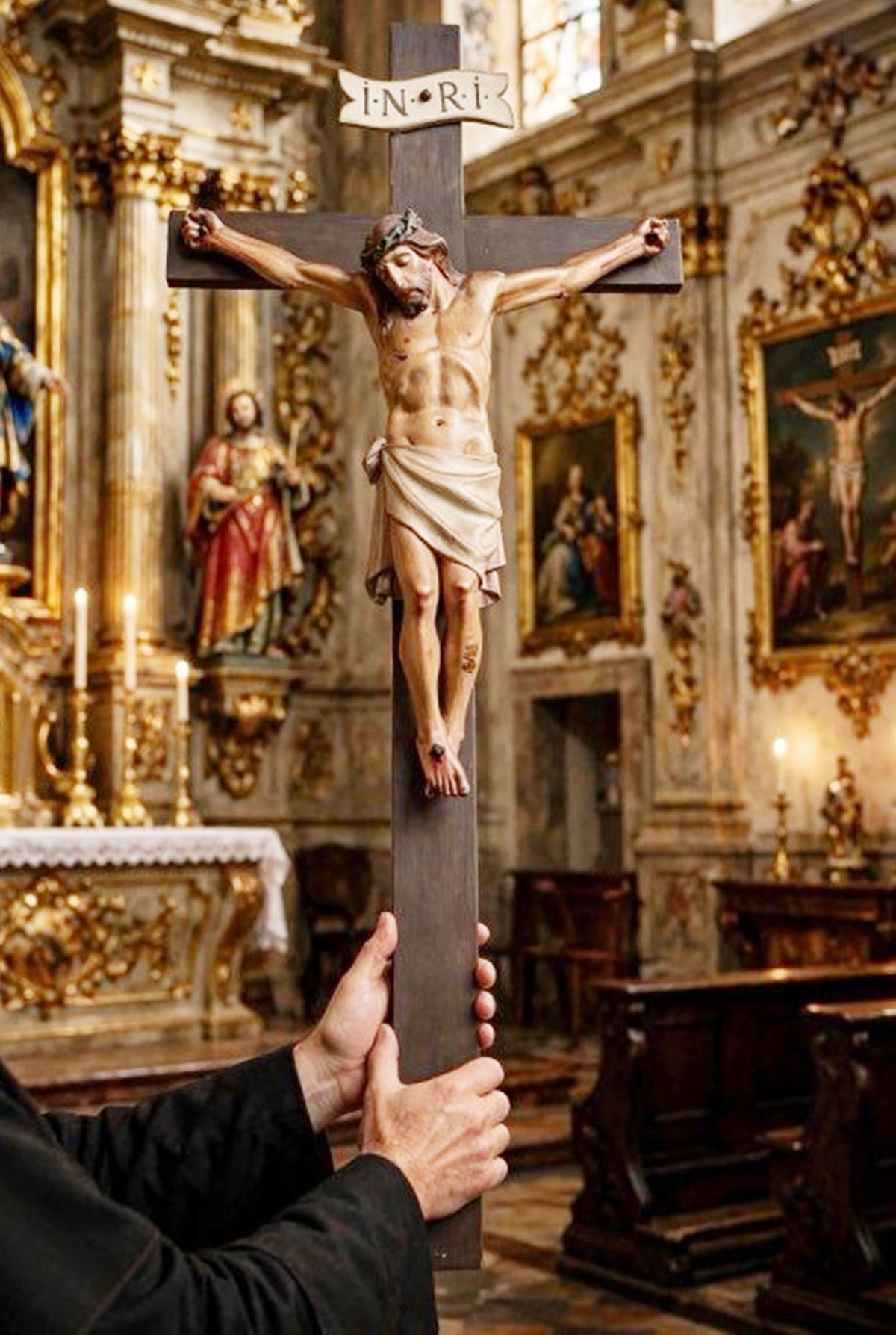 Antique French Church Crucifix, Hand-Carved & Polychromed Christ, 77 × 31 cm, c. 1860