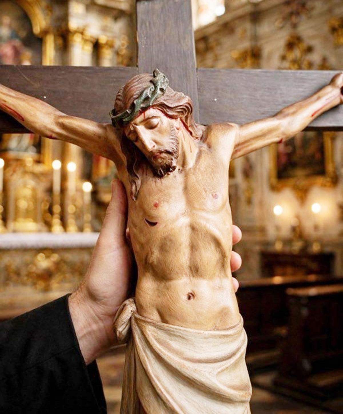 Antique French Church Crucifix, Hand-Carved & Polychromed Christ, 77 × 31 cm, c. 1860